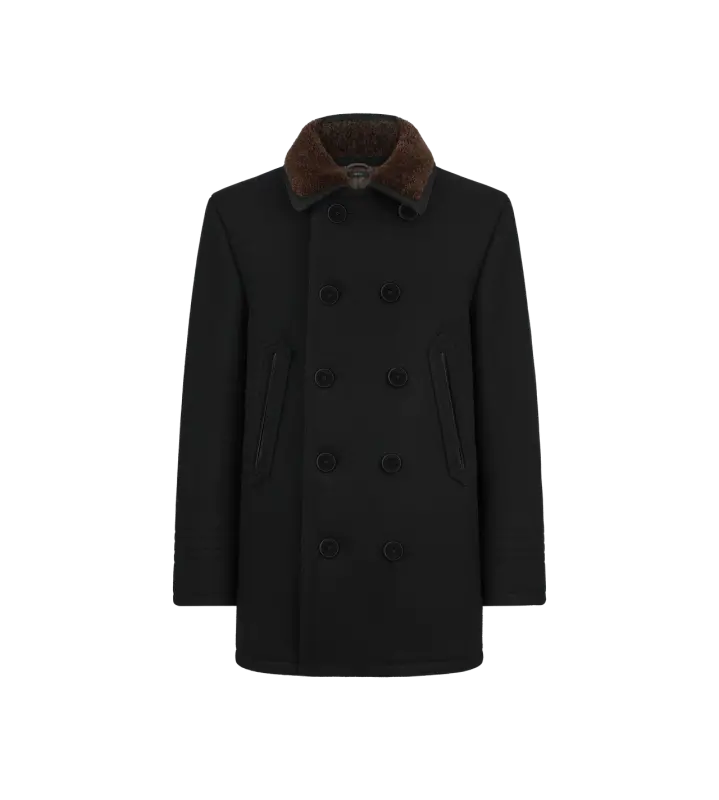 MELTON WOOL SHEARLING PEACOAT COMBO BLACK & BROWN online